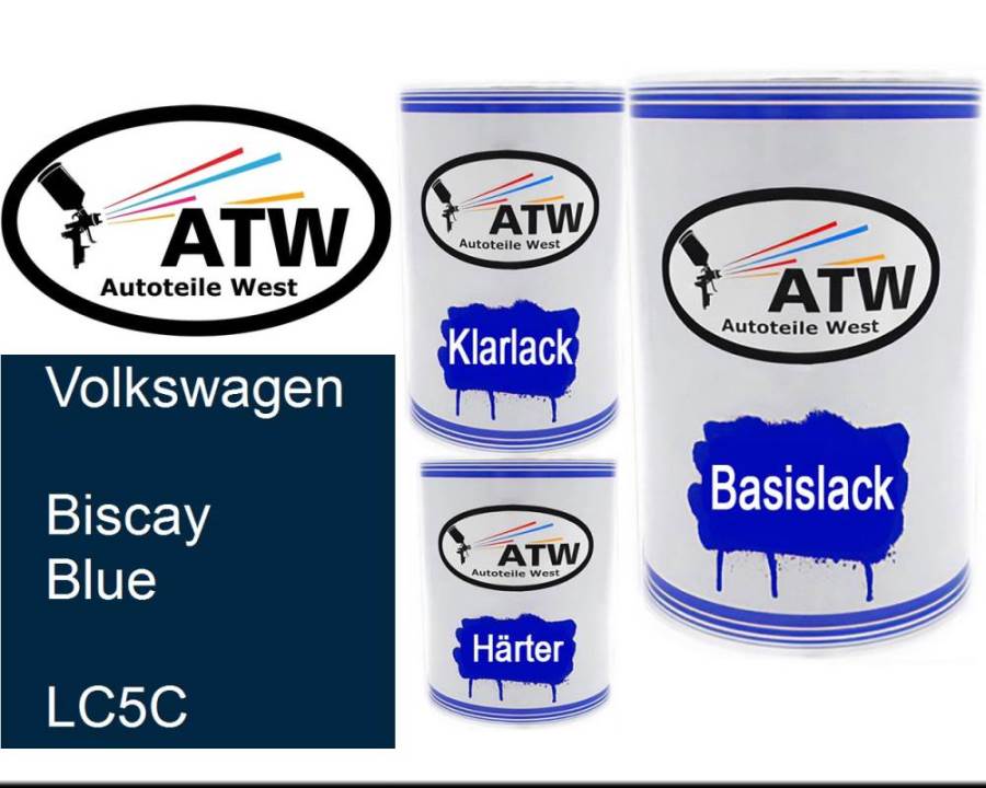 Volkswagen, Biscay Blue, LC5C: 500ml Lackdose + 500ml Klarlack + 250ml Härter - Set, von ATW Autoteile West.